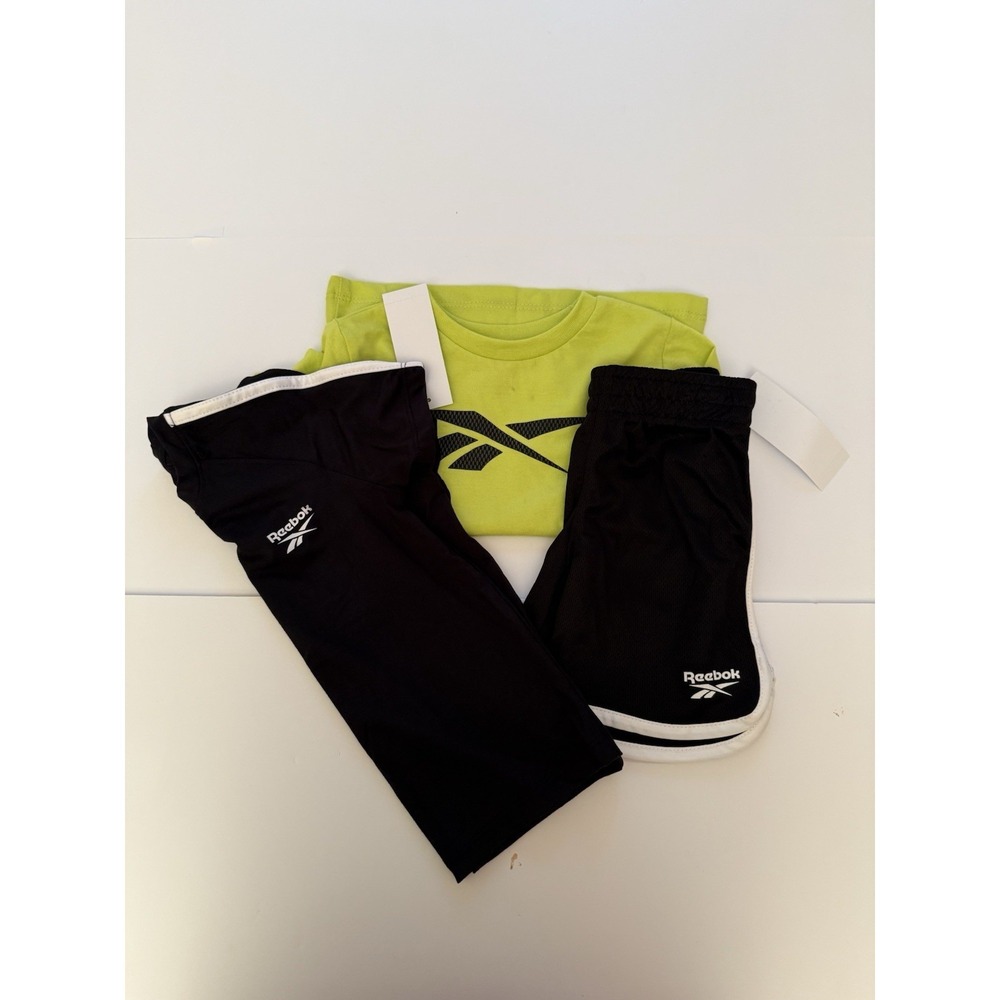 Reebok Boys 3PC Outfit Set Size 4 Black Athletic Shorts Shirt + Green Tee